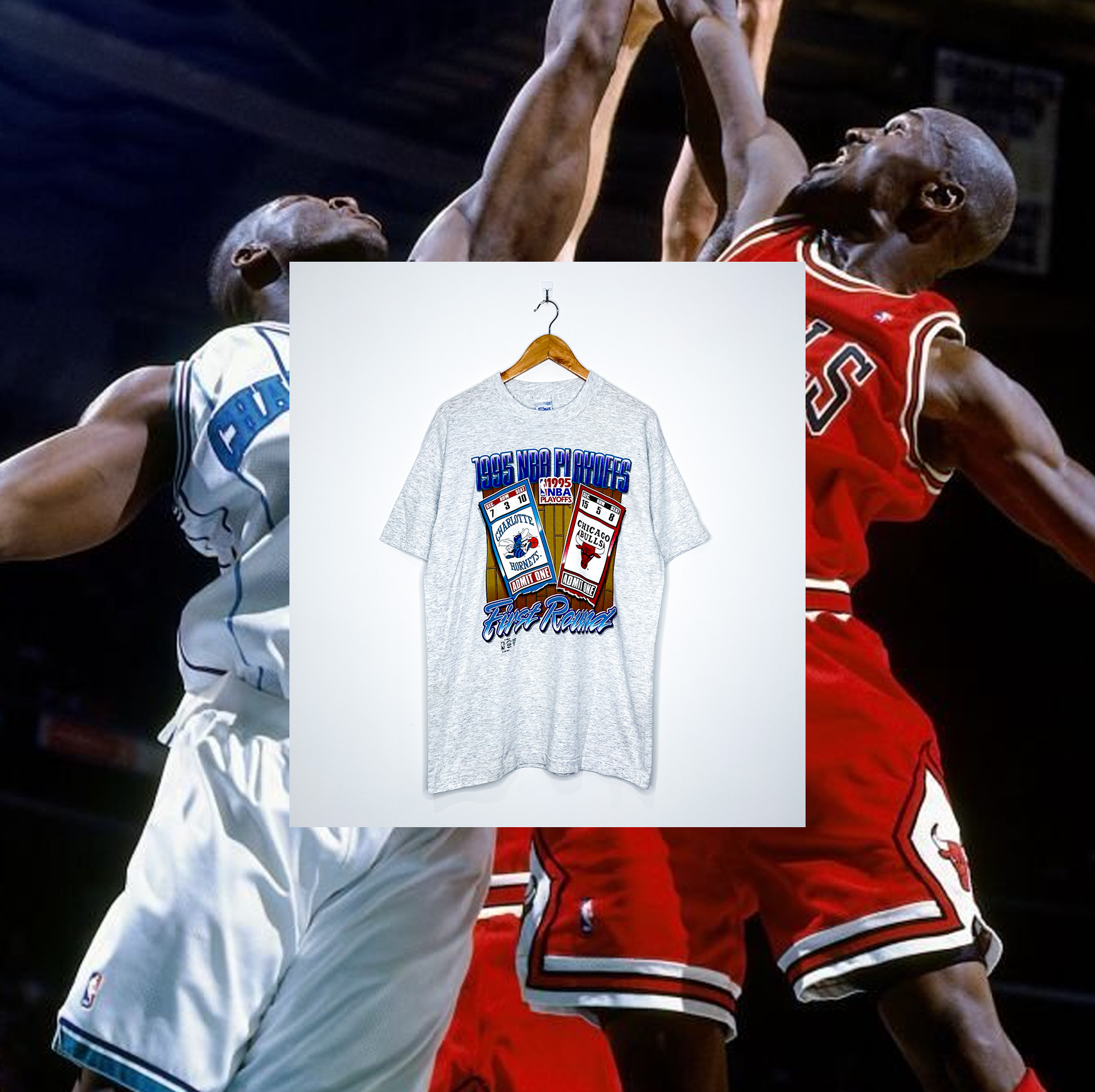1995 NBA PLAYOFFS "Charlotte Hornets vs Chicago Bulls" VINTAGE TICKET TEE